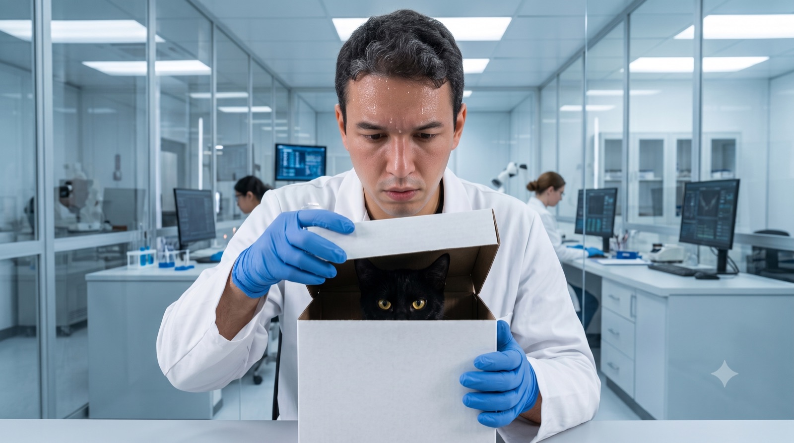 A scientist cautiously opening a box to check on a cat inside, representing verifying outcomes before trusting the result.