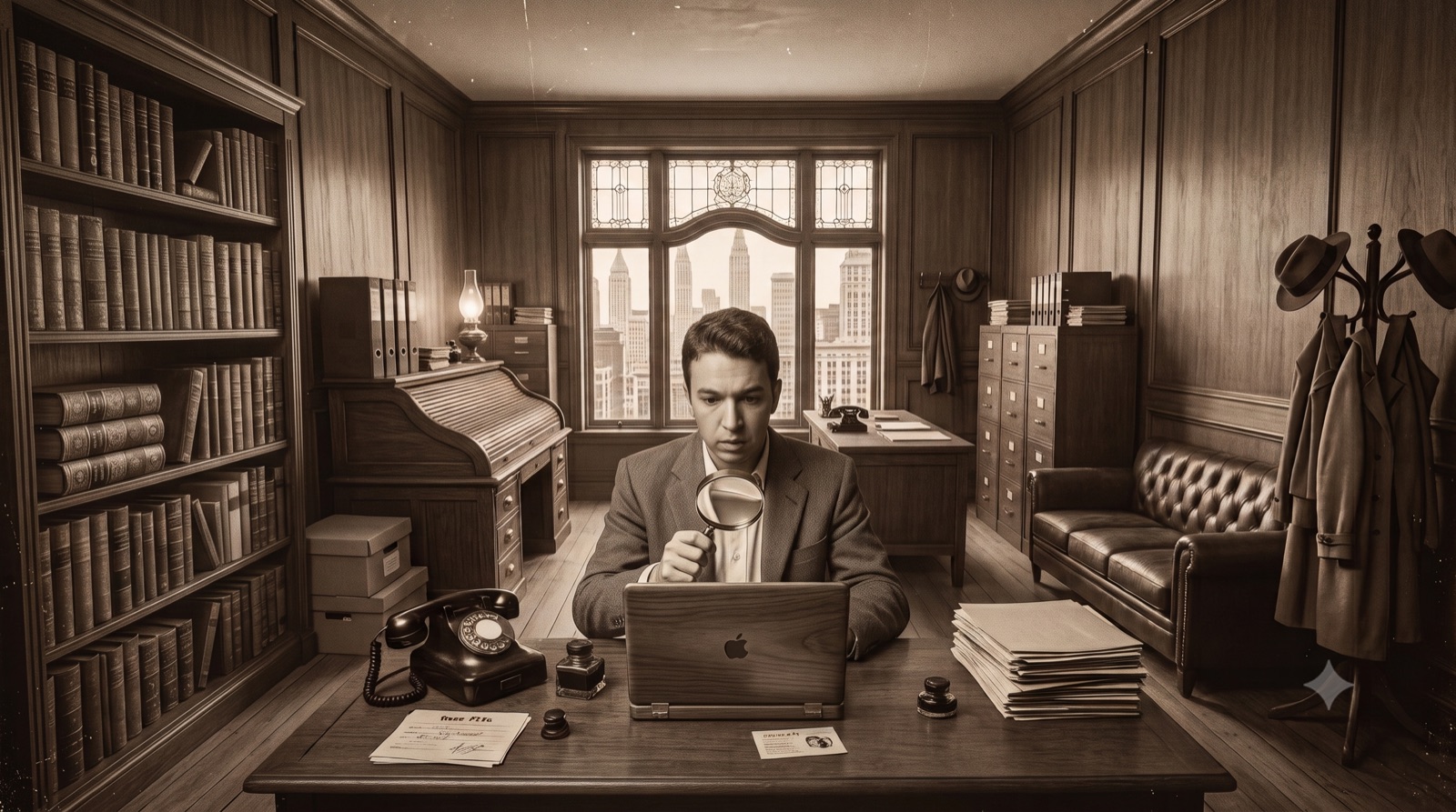 A film-noir style detective examining documents with a magnifying glass and a modern laptop, representing human creativity paired with automated tooling.