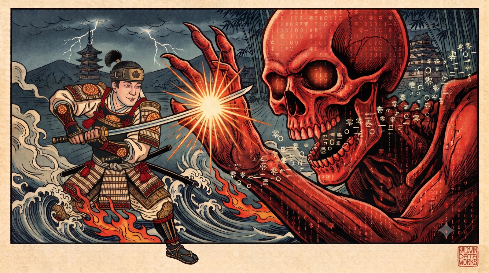 A samurai deflecting a strike from a giant skull composed of corrupted binary and kanji data, representing data security and protection.