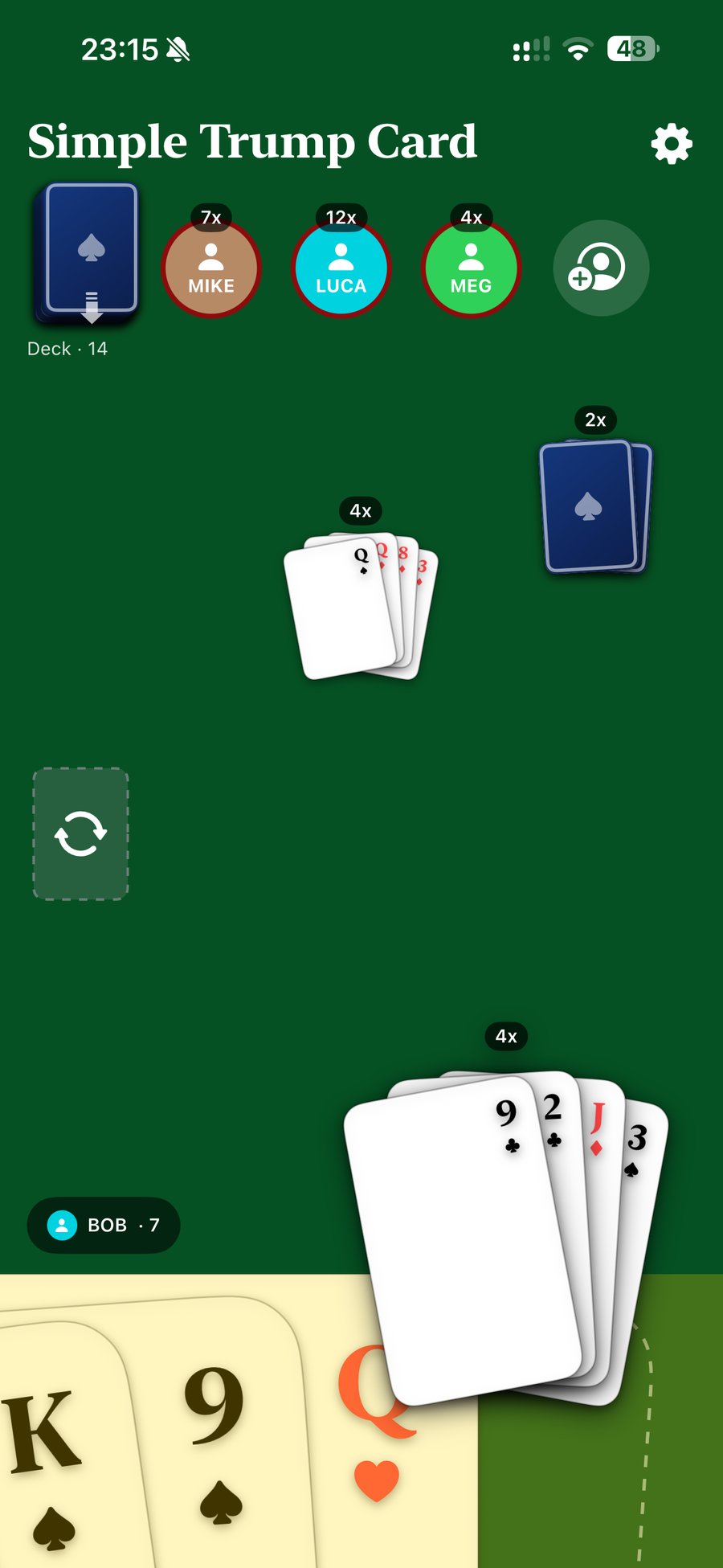 A pile being carried across the table near the flip-zone target, with the hand collapsed to a drop-zone strip below