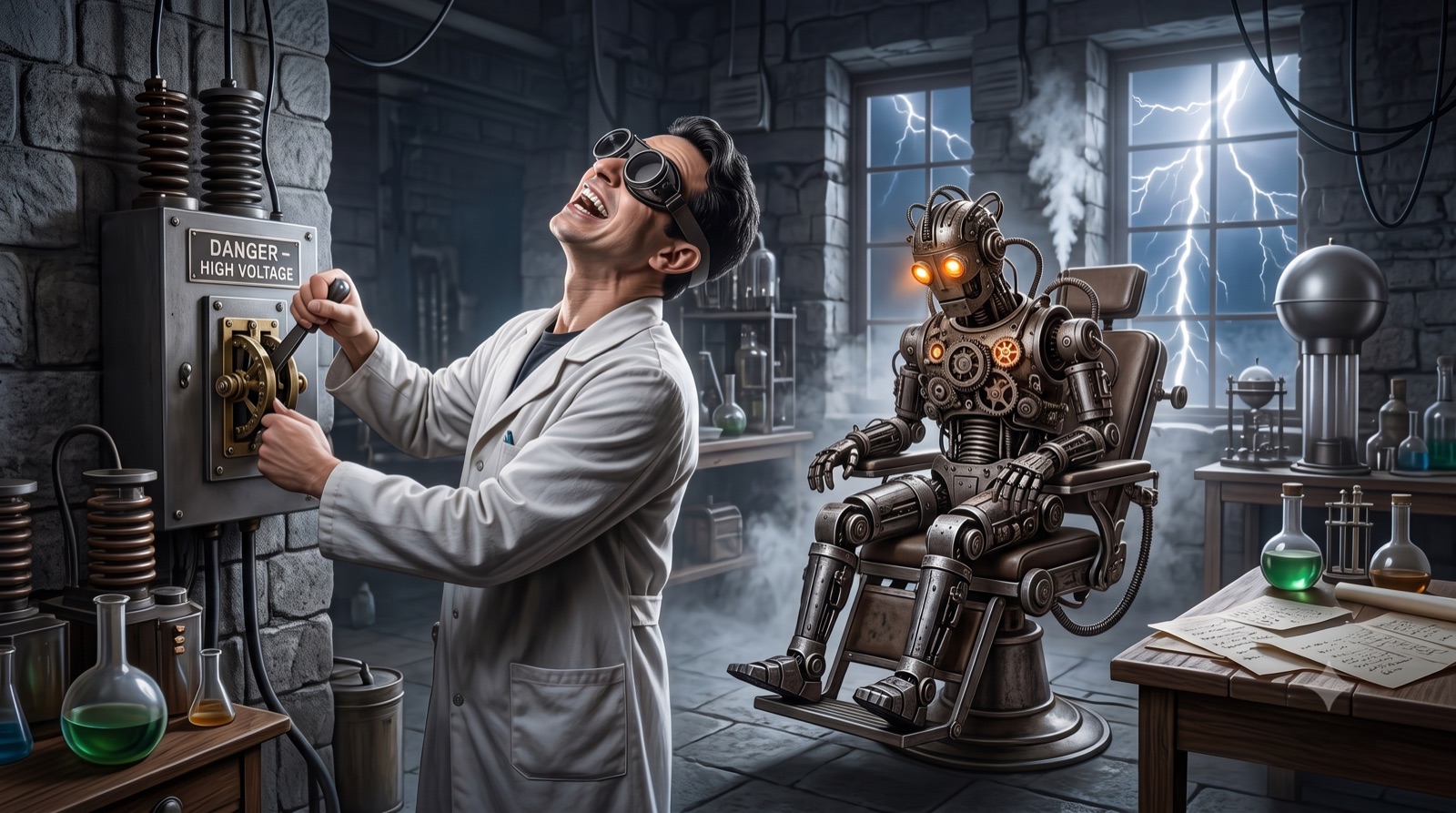 A mad scientist throwing a high-voltage lever to bring a mechanical robot to life, representing pushing automation to its limit.