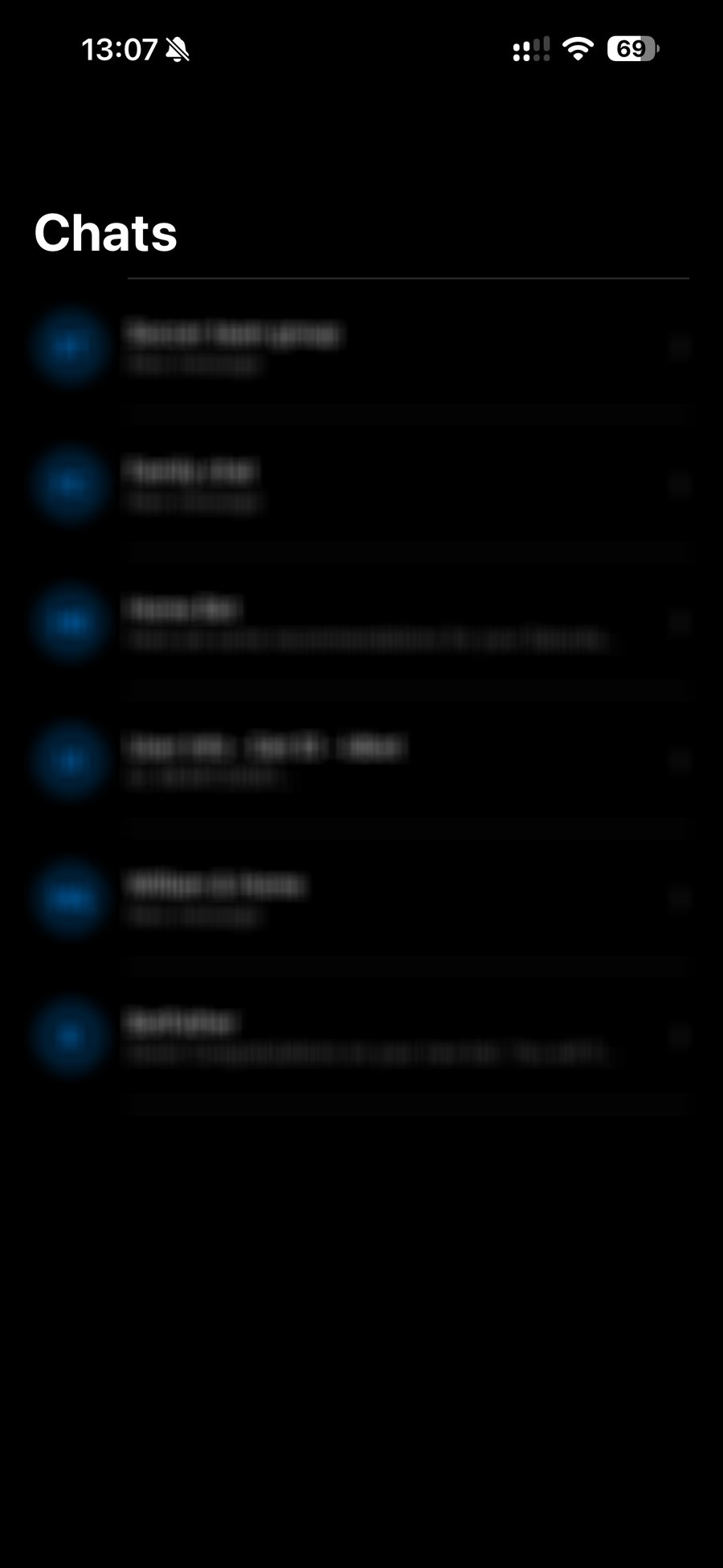 The chat list screen (contact names and previews blurred for privacy)