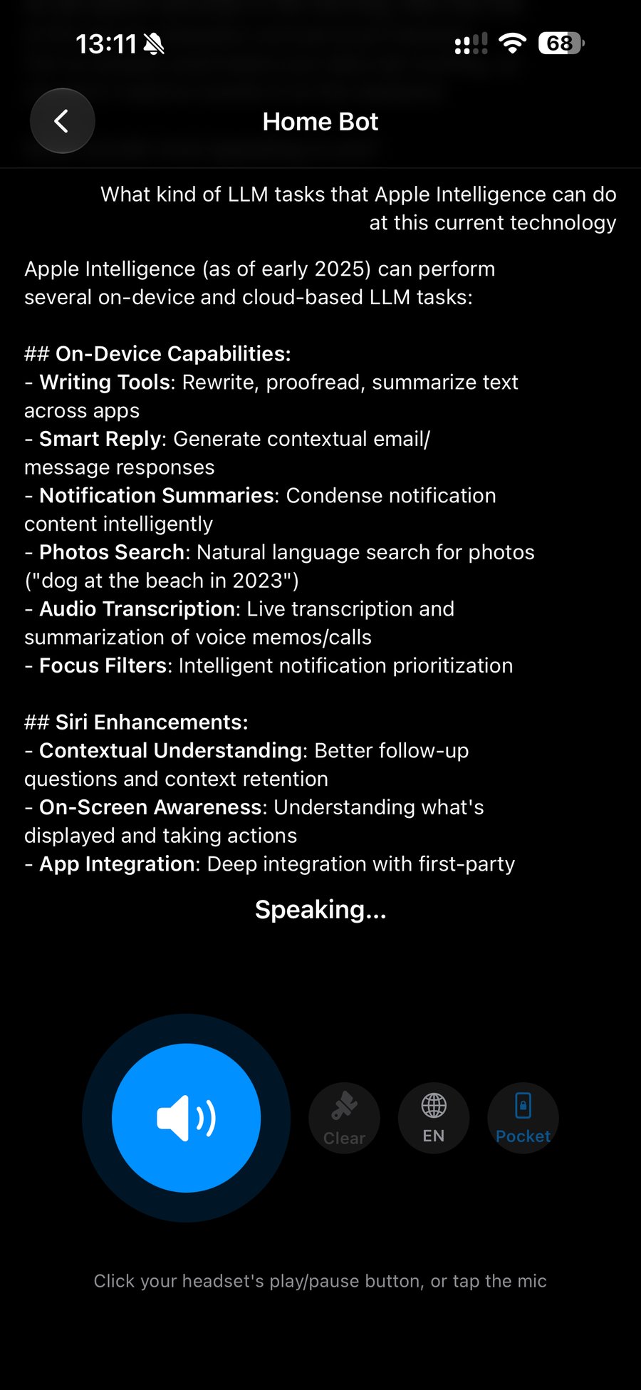 A voice assistant chat speaking a detailed answer aloud