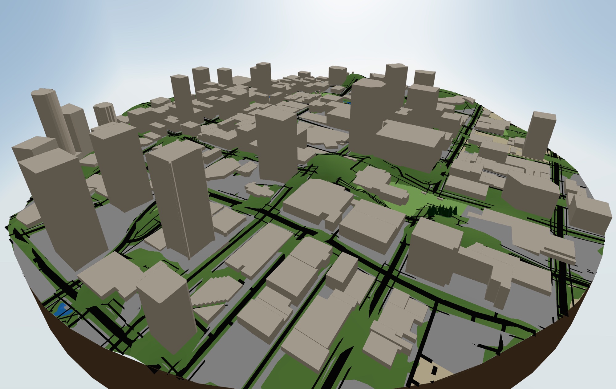 A downtown skyline of procedurally extruded buildings along real streets, generated live from OpenStreetMap and elevation data